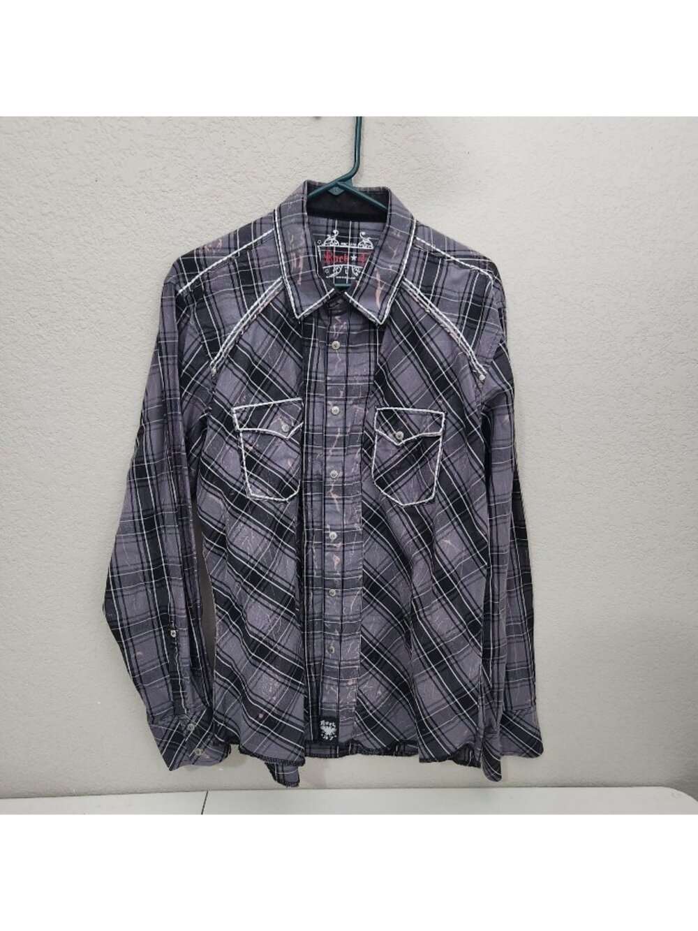 Rock 47 Mens Plaid Western Long Sleeve Shirt L Purple Black Snap Front